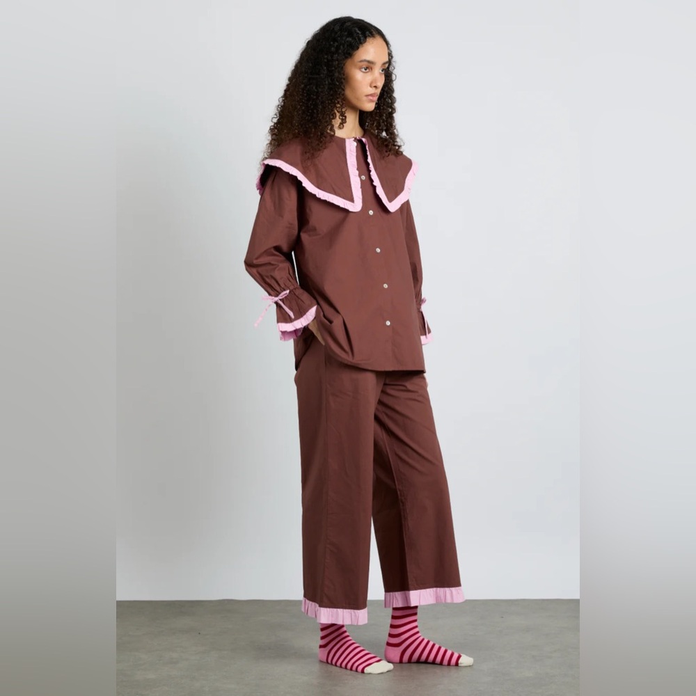 Brown and Pink Two-Piece Women's Pajama Set with Contrast Trim